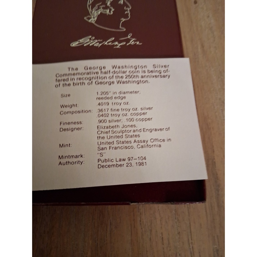 1982-S George Washington Proof Commemorative Half Dollar 90% Silver w/Box & COA - Picture 4 of 6